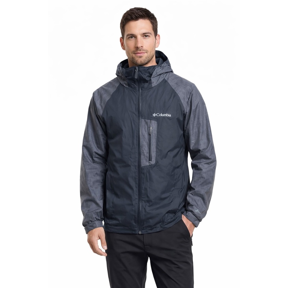 Columbia Omni-Tech Hooded Coat Mens Medium Black Gray Zip Parka Jacket